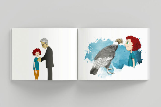 Illustrationen zu einem Kinderbuch. Mädchen mit einem Gouverneur und Mädchen mit einem Anden-Kondor