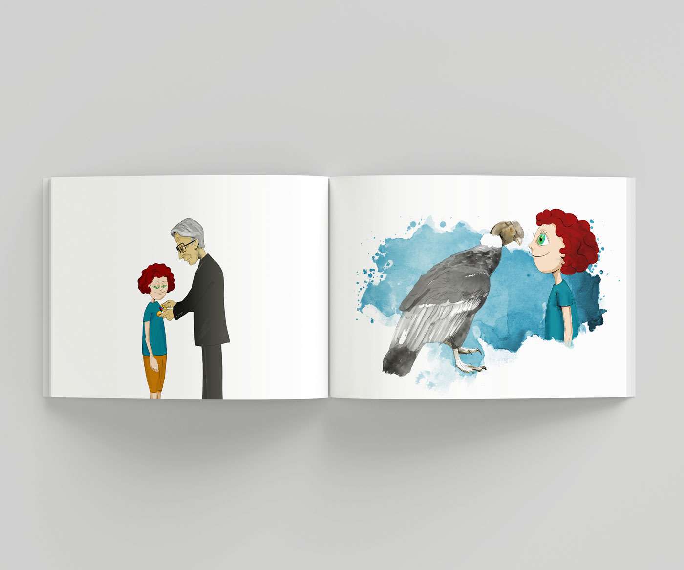 Illustrationen zu einem Kinderbuch. Mädchen mit einem Gouverneur und Mädchen mit einem Anden-Kondor