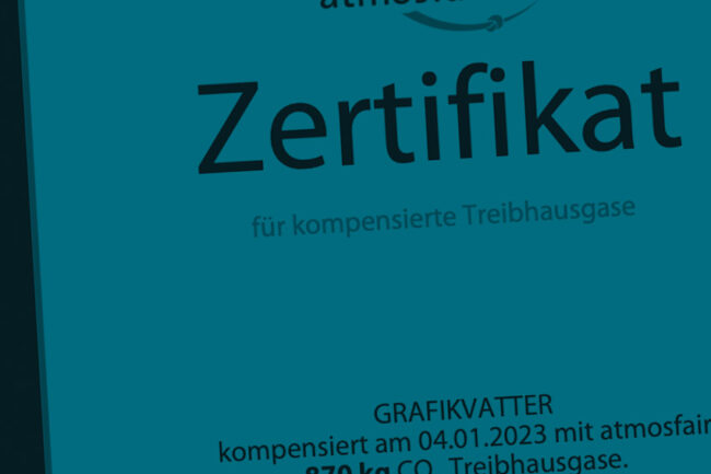 Zertifikat Co2-Kompensation atmosfair, blau eingefärbt