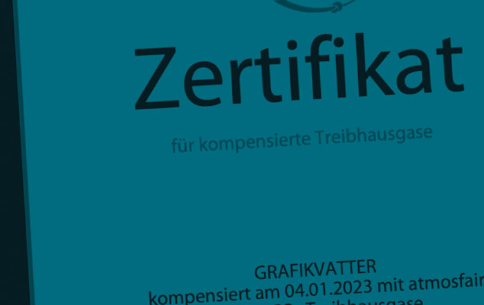 Zertifikat Co2-Kompensation atmosfair, blau eingefärbt