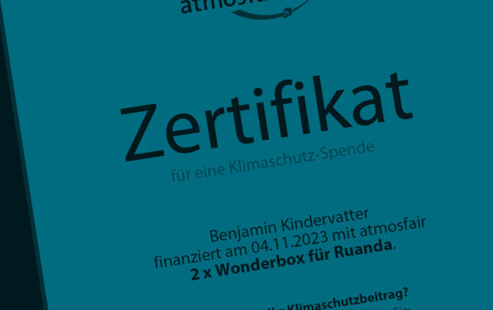 Zertifikat Co2-Kompensation atmosfair, blau eingefärbt