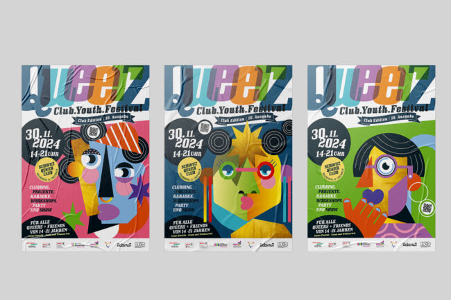 Arbeitsprobe. Veranstaltungsplakat für das Jugendfestival QUEERZ 2024, bunte Gesichter in abstrakten Illustrationen